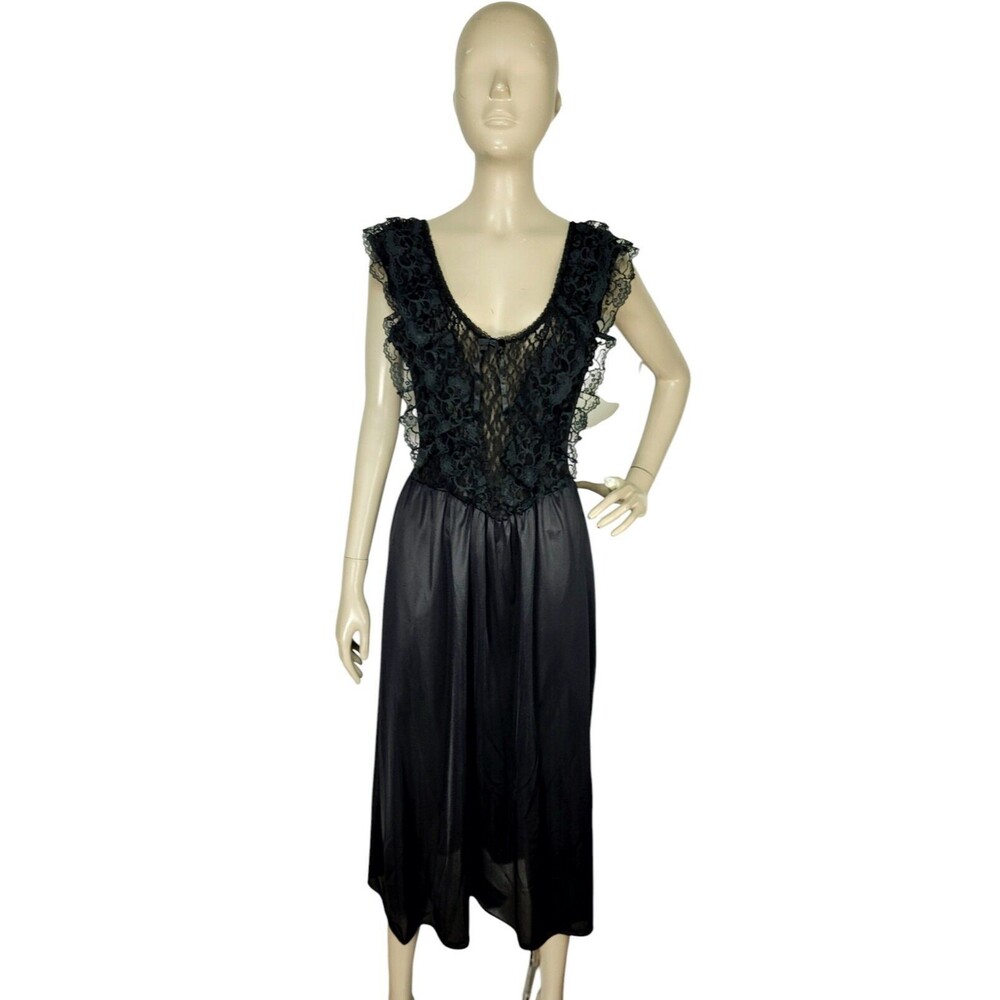 Vintage 80s Sexy Black Frilly Lace Peignoir Lingerie Nightgown Cinema Etoile S/M - Picture 4 of 8